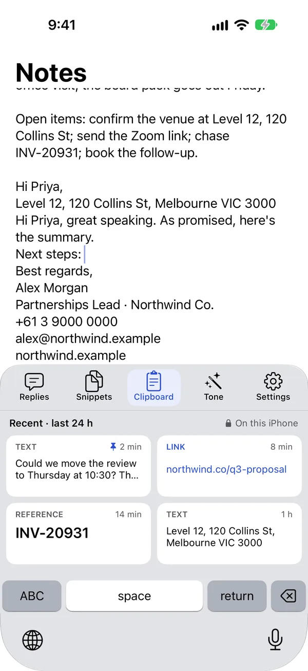 Clipboard history with recent text, a link and an invoice number